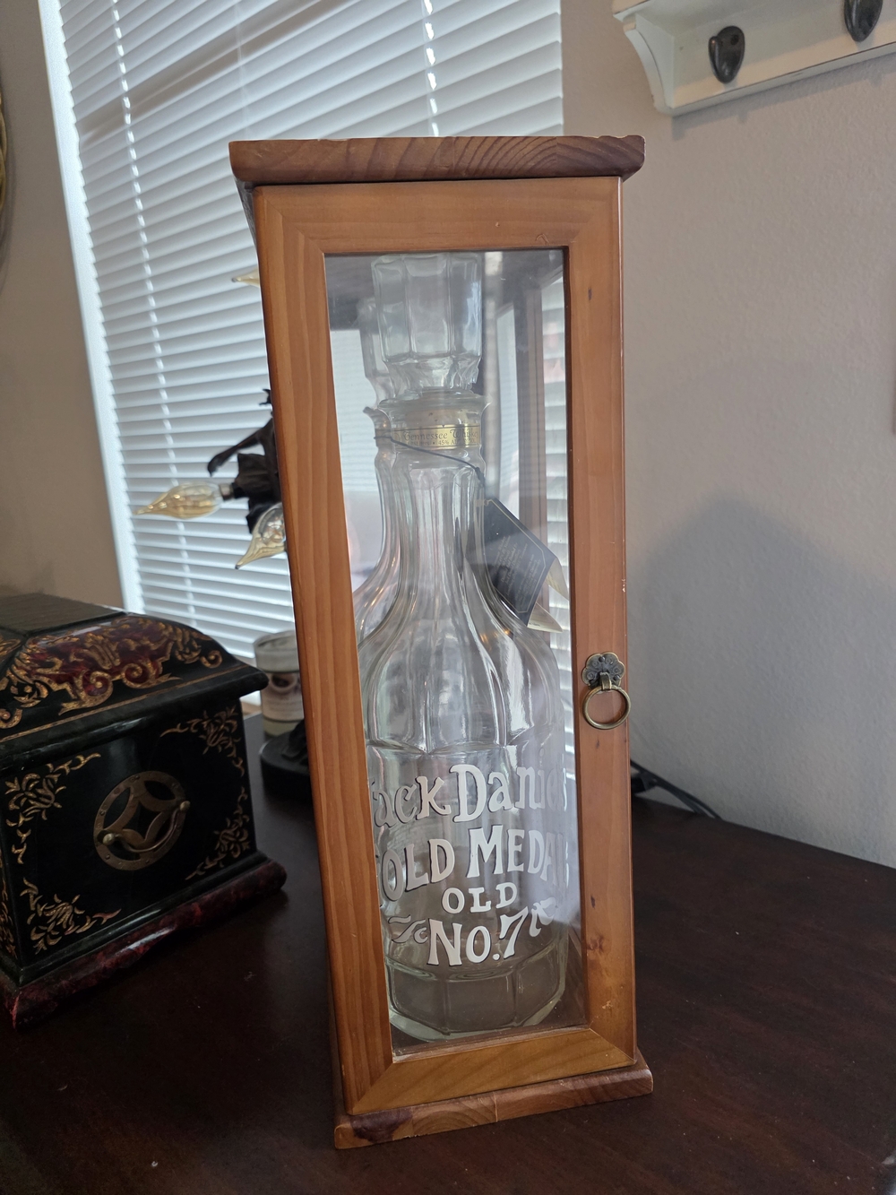Jack Daniels Replica Clear Glass Decanter with Natural Wood Display Case